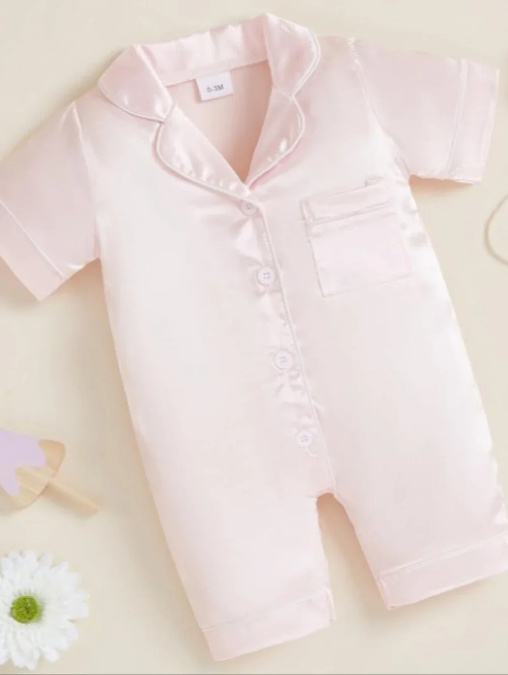 Infant Satin Pajamas Romper Pink Blue 6M 12M 18M Button Up Short Sleeve Jumpsuit